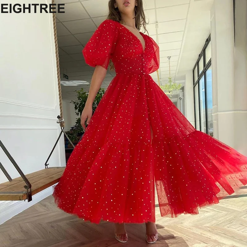 

Eightree Sparkly V Neck Red Prom Dresses Puff Sleeves A-Line Short Evening Dresses Starry Tulle Tea-Length Formal Party Gown