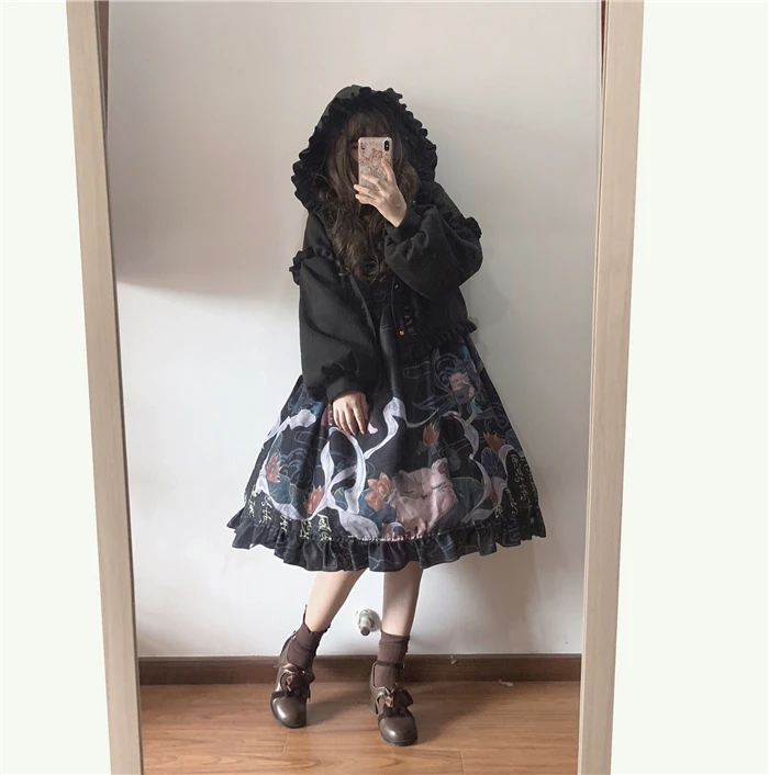 (Coat) Black 3 цвета, осенне-зимнее пальто в стиле Лолиты для женщин, милая накидка с капюшоном для девочек, бархатная утепленная одежда в стиле Лолиты с рукавами-фонариками - Цвет: (Coat) Black