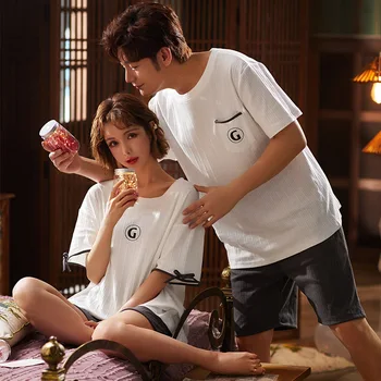 

New Couple's Pajamas Summer Cotton Short-Sleeved Suit Korean-Style White Men's and Women's Summer Leisure Tops Factory Outlets