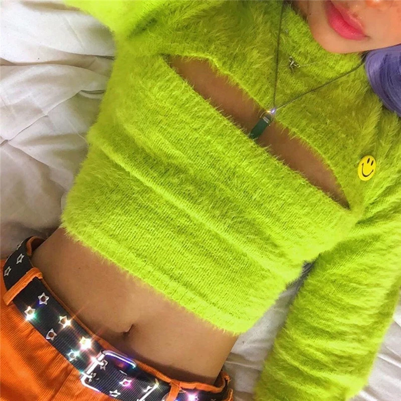 Женский сексуальный ажурный осенний свитер короткий стиль длинный рукав авокадо