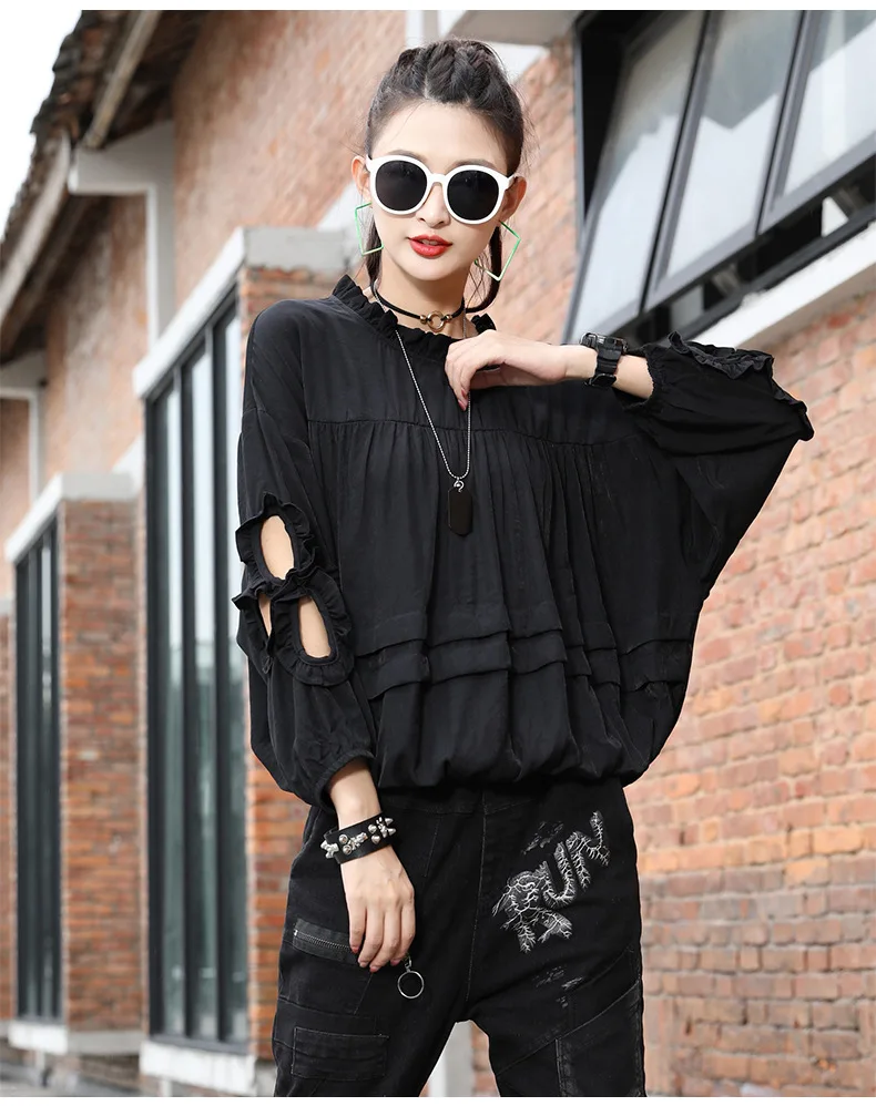 Vefadisa Hollow Out Long Sleeve T-shirt Fungus Patchwork Women T-shirt 2020 Autumn Plus Size Women T-shirt Black Red QYF3671
