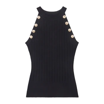 

HIGH STREET 2020 Newest Designer Tops Women's Sleeveless Lion Buttons Embellished Knitting Camis Vest