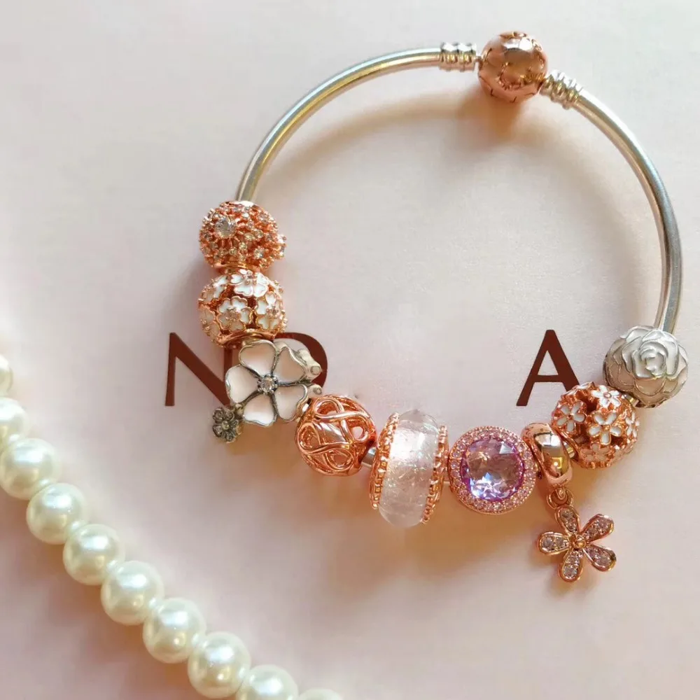 Quality Original 1:1 100%925 Sterling Silver Flower Beaded Bracelet Free Shipping - Цвет камня: Белый