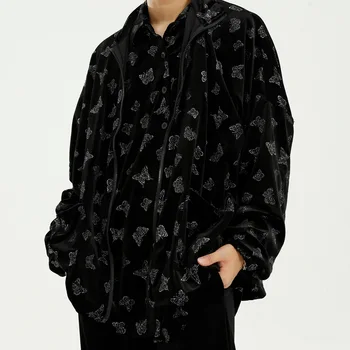 

Male Butterfly Hot Diamond Velvet Coat Men 2 Pieces Sets Jacket + Pant Tracksuits Jogger Sweatpants Outerwear Suits