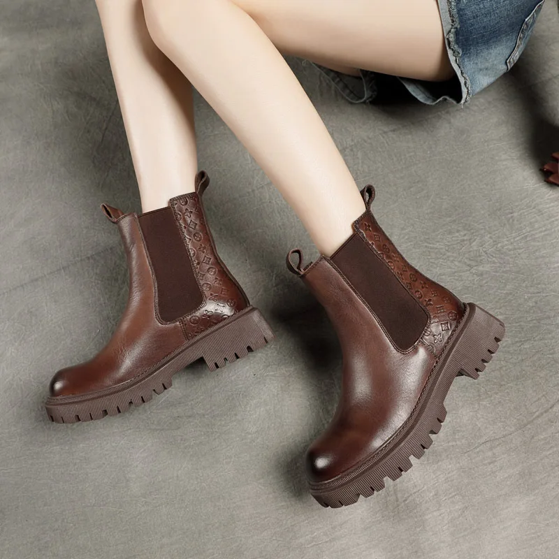 

Spring and Autumn New First Layer Cowhide Ankle Boots, Chelsea Boots, Fashion Mid-heel Leather Martin Boots, Women's Boots