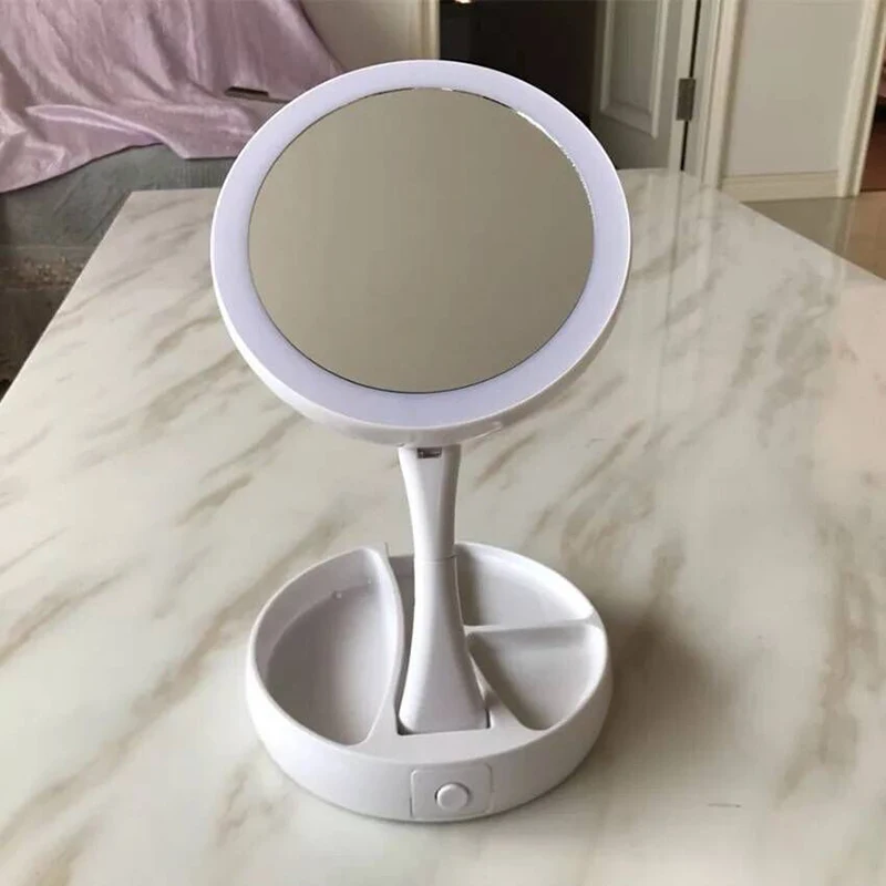 

USB Charging Battery Foldable Led Makeup Mirror White Vanity Cosmetic Mirror with Light 10X Magnifying hand Table Mirrors