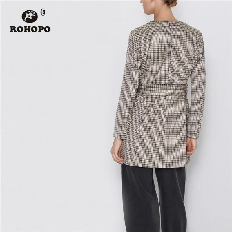 

ROHOPO Round Collar Long Sleeve Covered Button Waistband Houndstooth Blend Coat Side Welted Pockets Straight Overcoat #9647