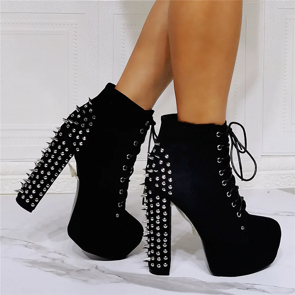 Kolnoo New Elegant Handmade Women Chunky Heels Boots Rivets Spikes Sexy Platform Party Prom Ankle Boots Evening Fashion Shoes
