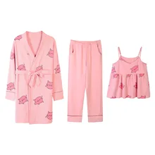 2020 Cute Cartoon Pig Girl Women Pajamas Sets Spring Autumn Pink 3 Pieces Homewear V Neck Cotton Casual Long Sleeves Long Pants