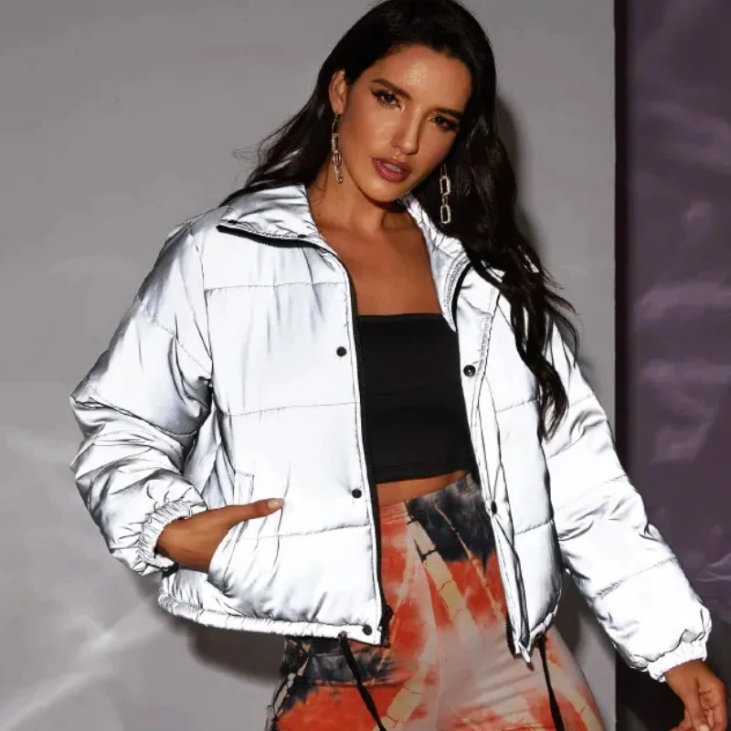 

Winter Fashion Reflective Women Drawstring Warm Padded Jackets Top Gray Color New Ladies Parka Autumn Button Sportwear Jacket