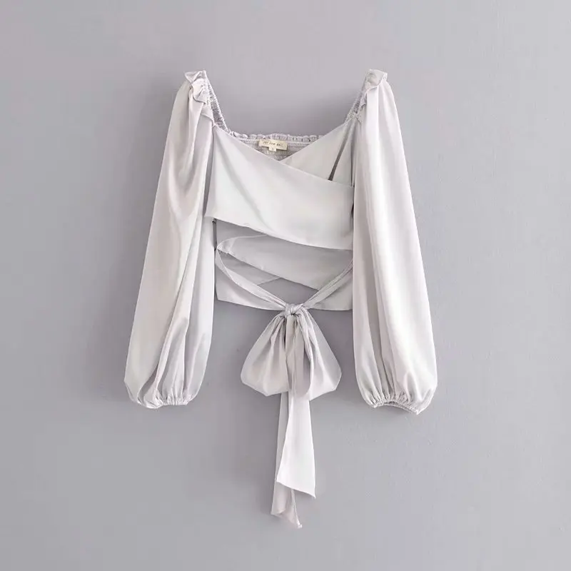  Argent wrap blouse silver summer tops long puff sleeve 2019 autumn new V-neck bandage shirt female 