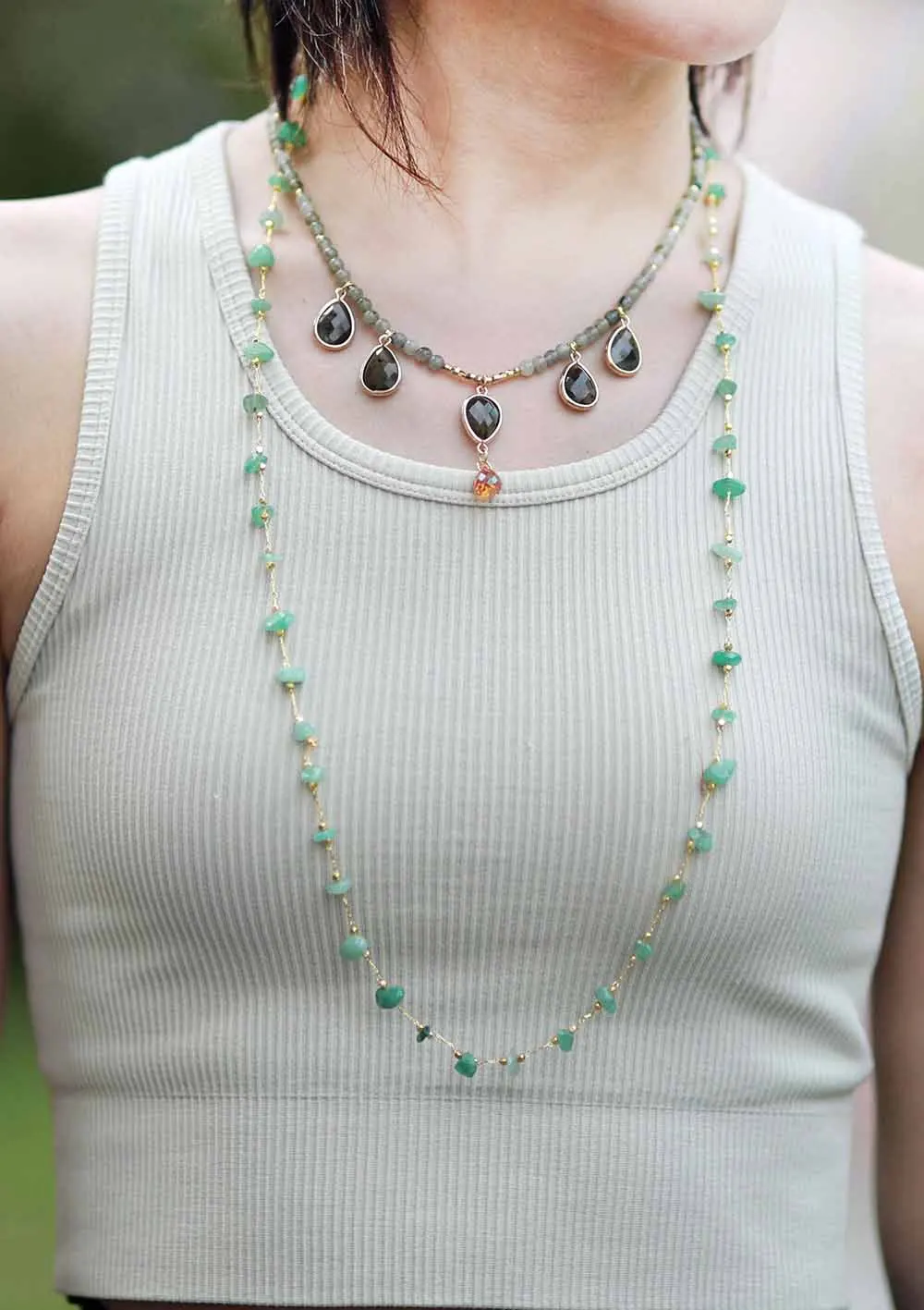 High End Natural Stones Aventurine Lariat Necklace Women Exquisite Beaded Simple Layers Necklace Teengirl OL Jewelry Gifts