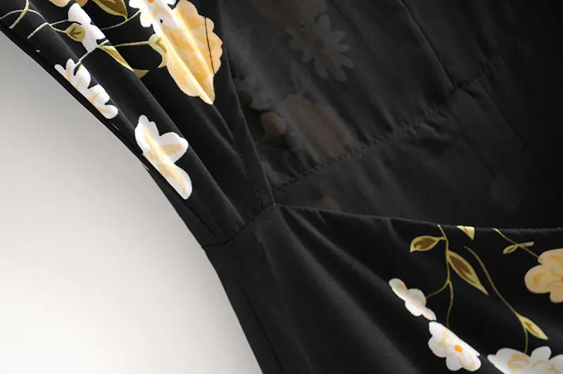 Винтажное шифоновое длинное платье с цветочным принтом, женское платье с открытой спиной, v-образный вырез, короткий рукав, сексуальные разрезы, тонкое ТРАПЕЦИЕВИДНОЕ летнее платье OMZZ6869