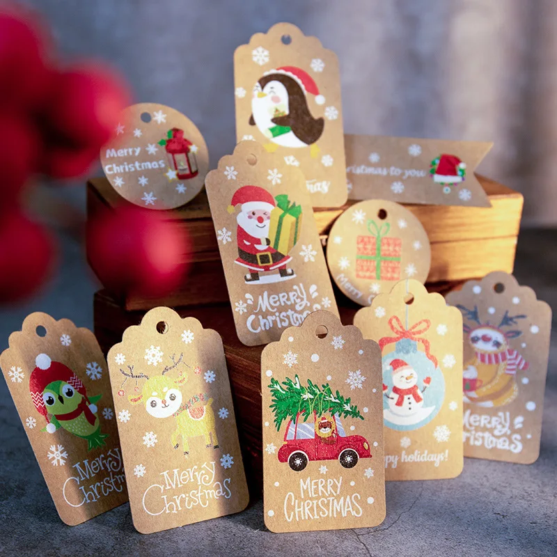 

100pcs Retro Christmas Kraft Gift Tags Cute Deer Penguin Car Xmas Party Decor Hang Tags DIY Packaging Label Card Price Label