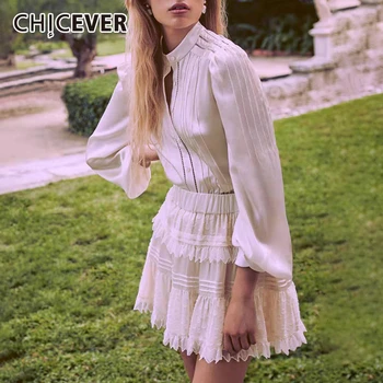 

CHICEVER Elegant Women's Suit Turtleneck Lantern Long Sleeve Hollow Out Shirt Lace High Waist Mini Skirts Set Female 2020 Autumn