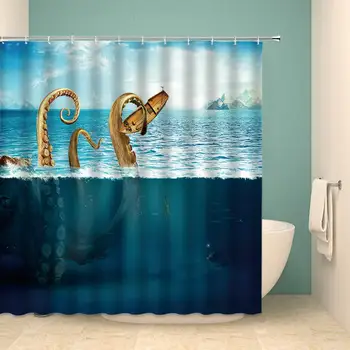 

Ocean Shower Curtain Mountain Peak Octopus Rolled Up Fishing Boat Polyester Bathroom Set 70 Inch with Hook Hole