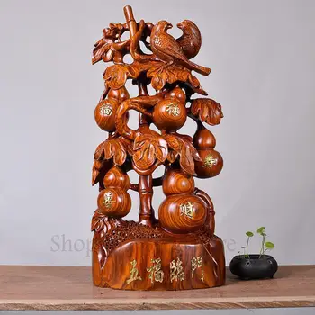 

Huanghuali wood carving Wufu Linmen gourd ornaments large solid wood lucky home decoration mahogany crafts gifts