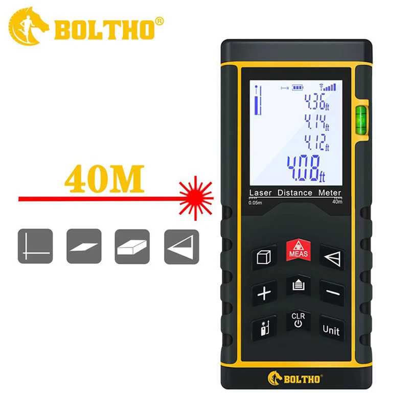 

BOLTHO Laser Measure 40M 80M 100M Laser Distance Meter with Bubble Level Portable High Precision and Backlight LCD Display