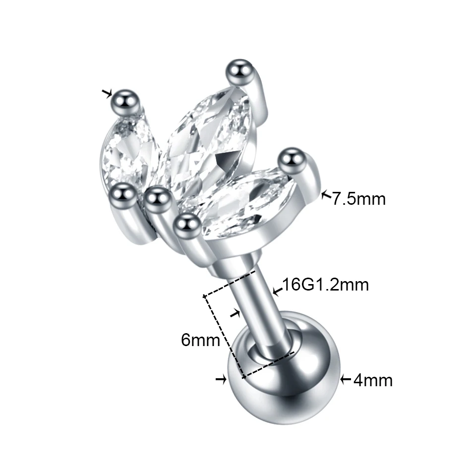1PC Cross Star Moon Flower CZ Tragus Cartilage Piercings Ear Stud Helix Piercings Crystal Daith Rook Earrings Women Jewelry 16G - Окраска металла: Style14