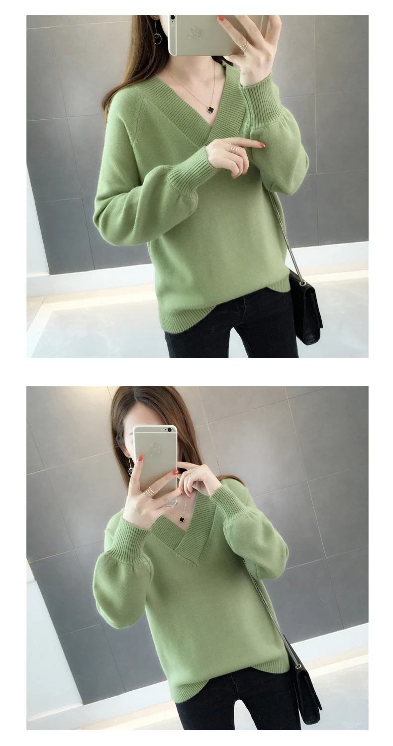Свитер женский осень зима Однотонный свитер вязаный v-образный вырез длинный рукав топы Модные свободные пуловеры женские