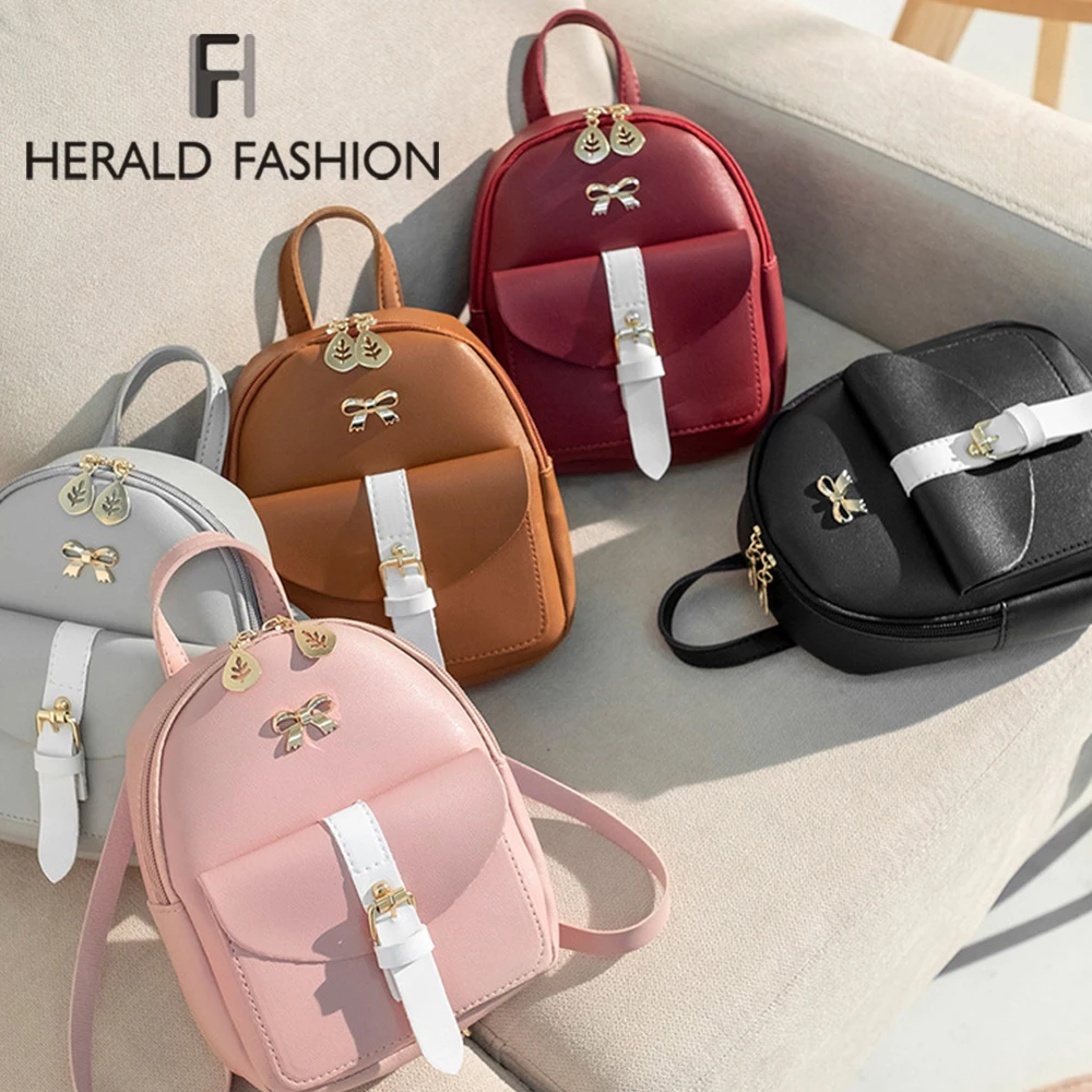  Herald Fashion Small Women Backpack Mini Panelled School Book Bag for Teenage Girls Female Soft Lea - 33058737086