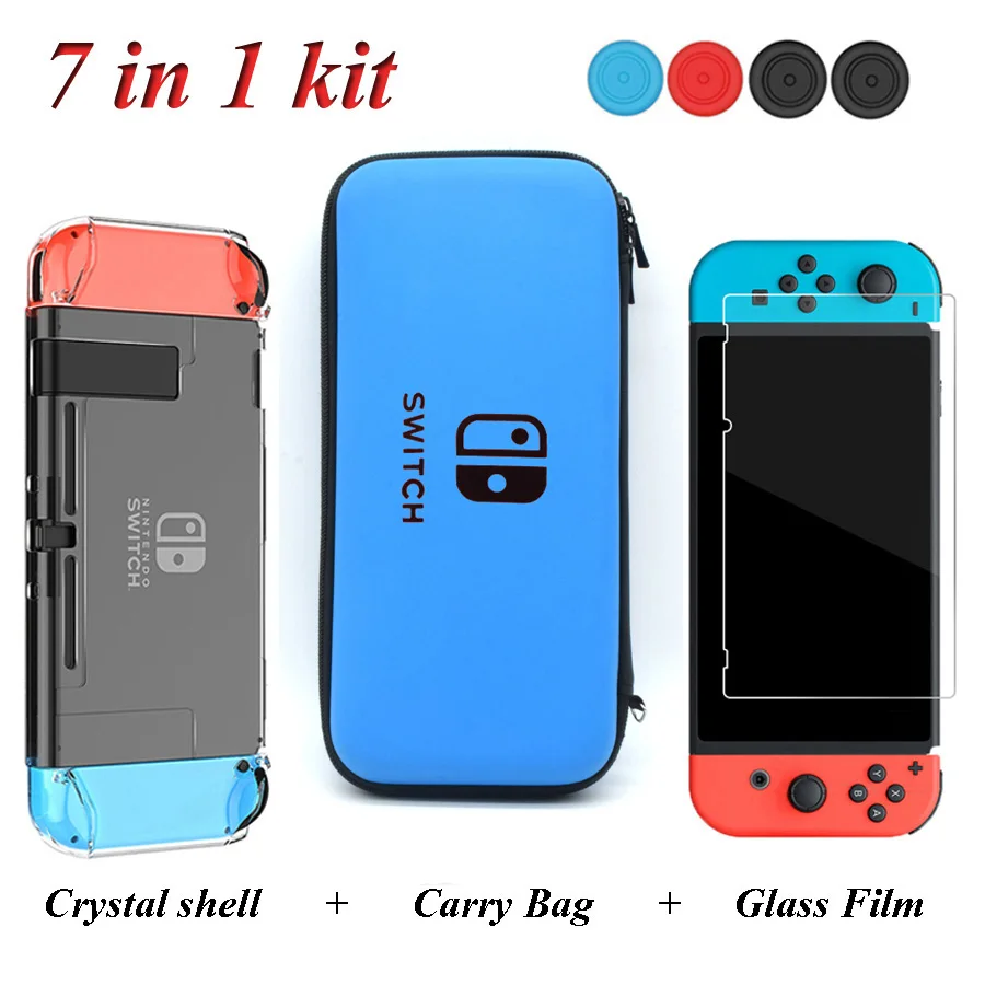 7 In 1 NintendoSwitch Accessories Storage Big Bag& Tempered Glass Film& Crystal Shell& Analog Caps for Nitendo Nintend Switch