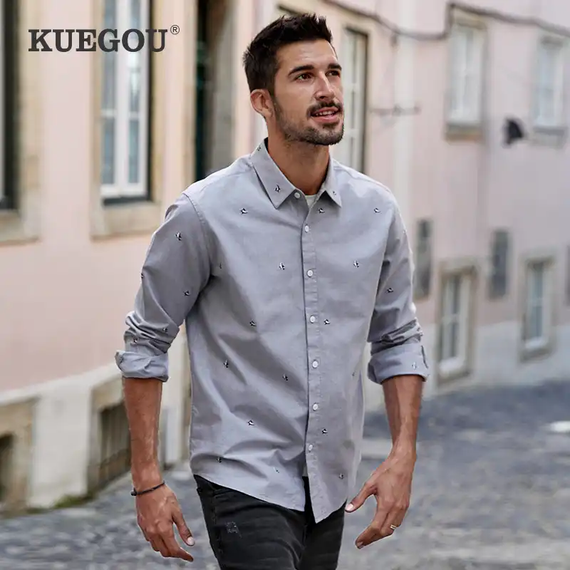 Kuegou春の秋のメンズシャツ長袖グレーファッションサメファッション刺繍綿100 トッププラスサイズbc 511 カジュアル シャツ Aliexpress