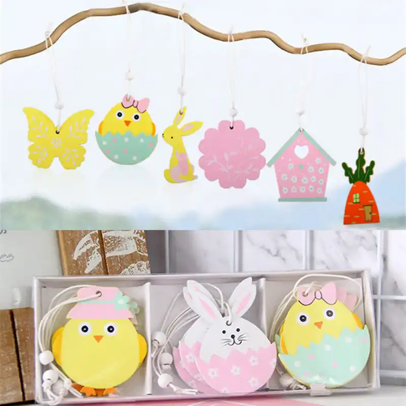 9 pçs coelho da páscoa de madeira pingente decoração diy madeira pendurado artesanato bonito coelho páscoa ornamentos festa suprimentos artesanato de madeira presente
