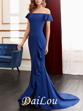 Sheath/Column Mother of the Bride Dress Elegant Off Shoulder Sweep/Brush Train Satin with Ruffles Split Front 2021