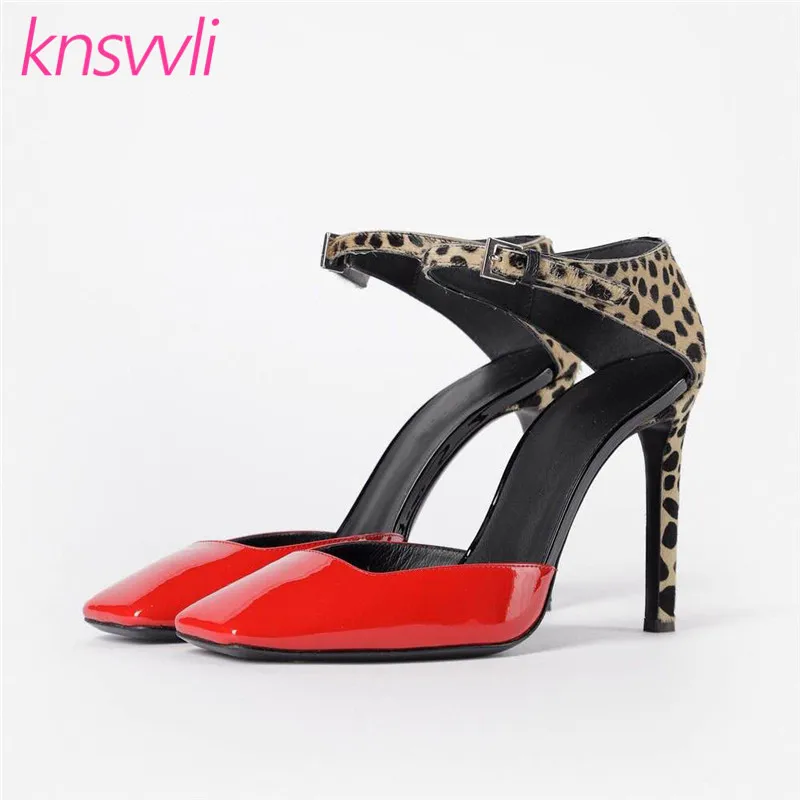 

Red Patent Leather Women Pumps High Heel Shoes Female Leopard Horsehair Ankle Strap Square Toe Shoes Woman Wedding Party Shoes