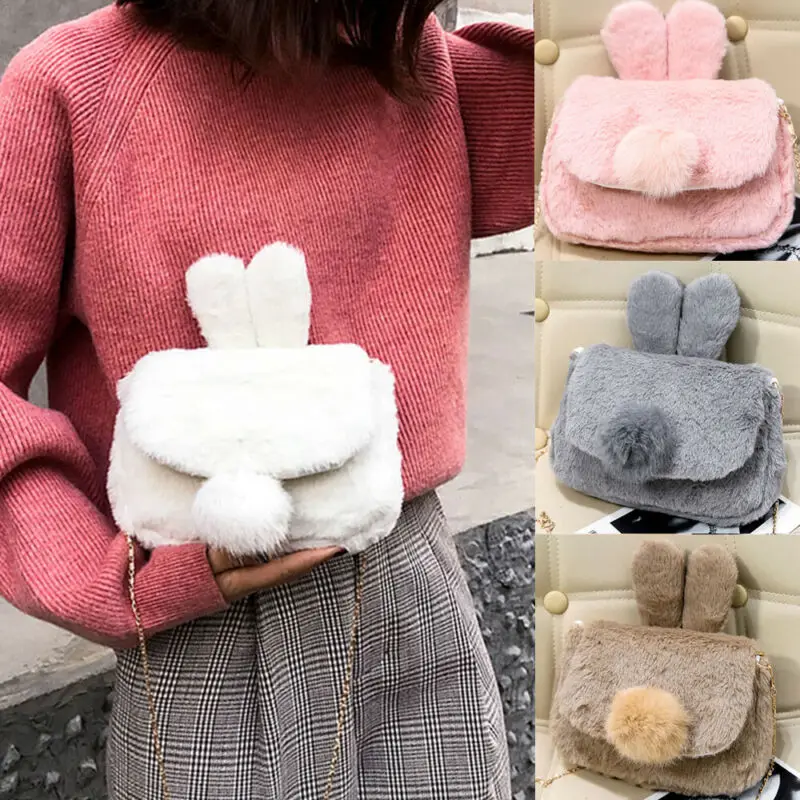 

2019 Hot New Women's Fur Plush Shoulder Bag Cute Cartoon Rabbit Messenger Bag Plush Small Chain Shoulder Bag
