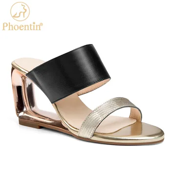 

Phoentin 2020 summer wedges high heels slippers female gold hollow out heel mules genuine leather women shoes Hit colors FT1060