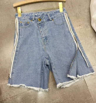 

Side Zipper Women Denim Shorts Slim Legs Long Five Points Riding Jeans