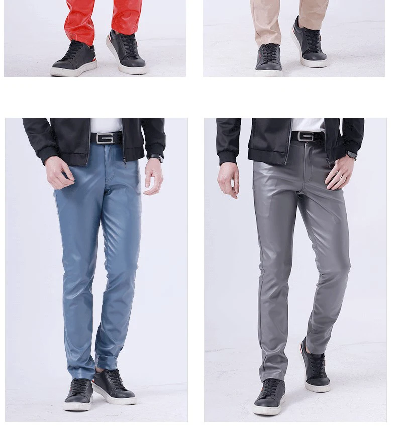 Thoshine Brand Summer Men Leather Pants Skinny Fit Elastic Style Fashion PU Leather Trousers Motorcycle Pants Thin Streetwear