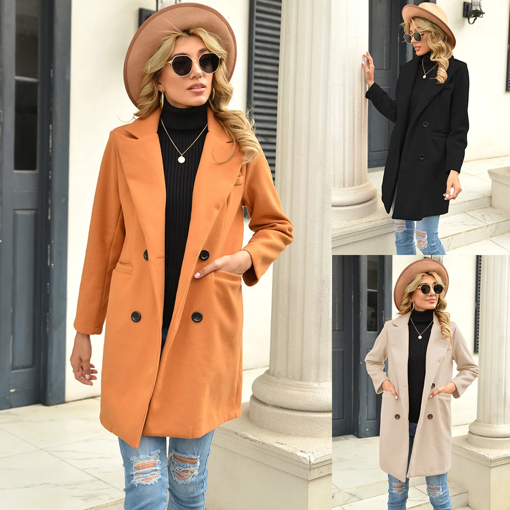 Women's Autumn and Winter Long Lapel Woolen Woolen Coat