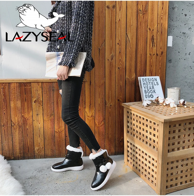 LazySeal/Новые теплые зимние ботинки женская обувь однотонные кожаные зимние полусапоги на плоской подошве, на платформе, из водонепроницаемого материала, с меховым помпоном