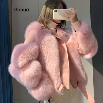 

High Quality Furry Cropped Faux Fur and Leather Patchwork Jacket Women Faux Fur Short Coat Fake Fox Fur Outwear Winter Overcoat
