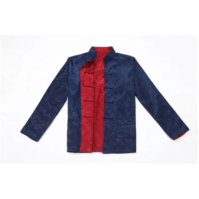 Blue and Wine Red Мужские китайские традиционные костюмы Мужская Свадебная вечеринка Двусторонняя водолазка китайский год костюм кунгфу Вышивка Топ Одежда - Цвет: Blue and Wine Red
