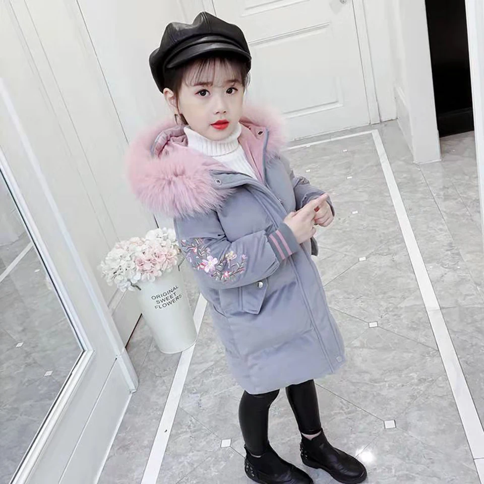 Детское пуховое пальто для девочек серого и розового цвета; теплая верхняя одежда с капюшоном; одежда для русской зимы и осени; Детские зимние плотные куртки для девочек