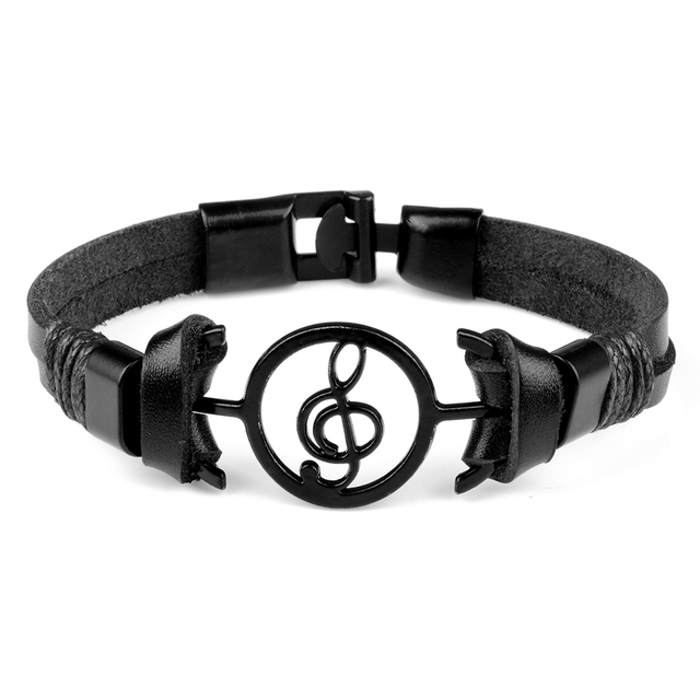 Punk Genuine Leather Musical Notes Bracelets For Men Women Black Brown Single Layer Simple Rope Viking Bracelet Jewelry