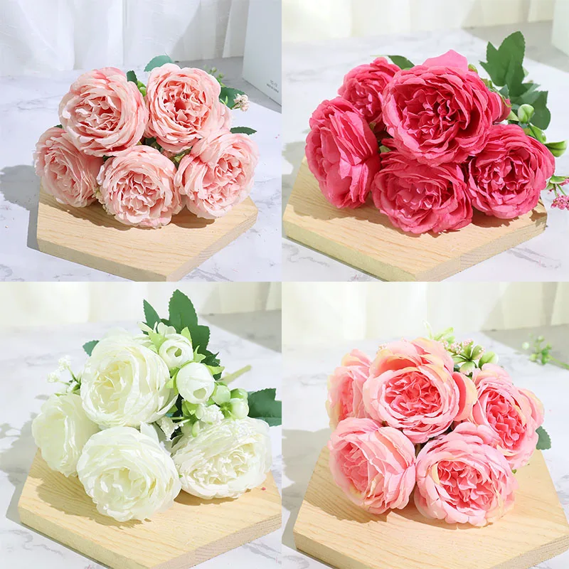 YO CHO 9 Heads Pink Peony Artificial Flowers Bunch Silk Roses for