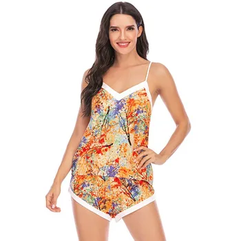 

Women's Pajamas Sets Print Cotton Sleepwear Sleeveless V-Neck Shorts Lingerie Set Comfortable and Breathable Home Clothes