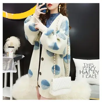 

Warm Thick Oversize Polka Dot Knittedsweaters Cardigans Women V-Neck Cardigan Loose Coat Lantern Sleeve Large Size Outwear