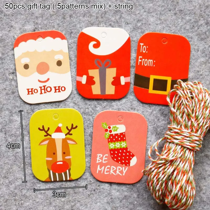 48/50pcs Merry Christmas Paper Gift Tag Snowman Deer Santa Claus Paper Label Hang Tags Party DIY Decor Xmas Gift Wrapping Tags - Color: 50pcs Red SantaClaus