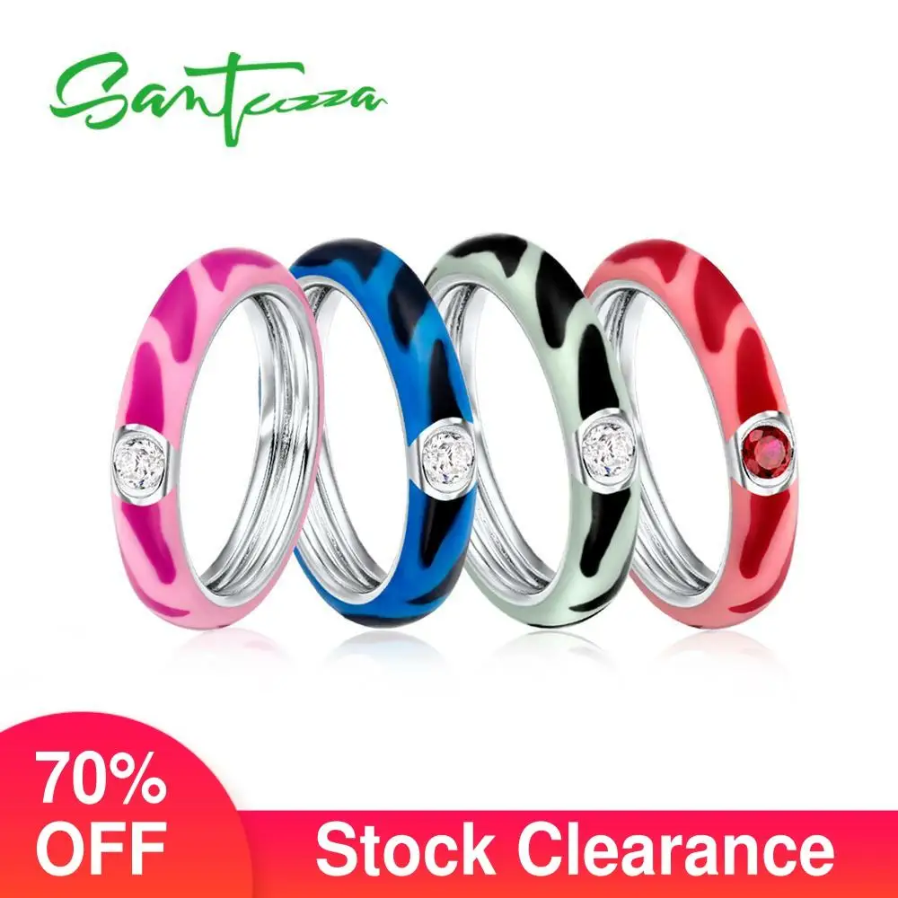 SANTUZZA Silver Rings For Women Colorful Eternity Rings 925 Sterling Silver Stackable Ring Fashion Jewelry Enamel Handmade