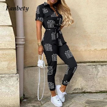 

Women Elegant Letter Print Jumpsuit 2020 Summer Deep V Neck Button Shirt Overalls Short Sleeve Office Lady One Piece Romper Belt
