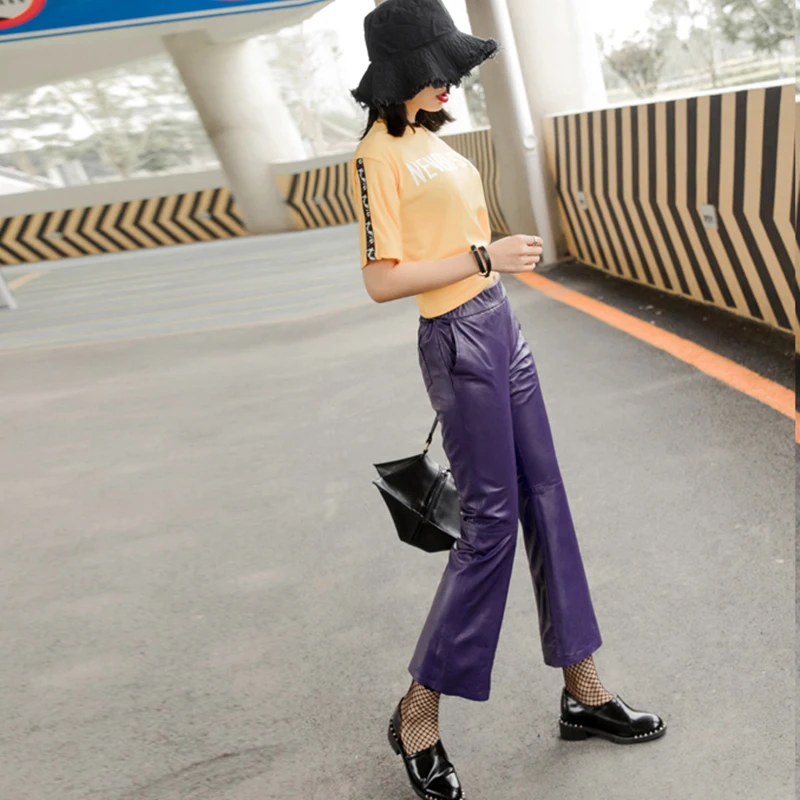 2019 Модные расклешенные брюки женские из натуральной кожи Slim Fit из натуральной кожи ягненка повседневные женские Брюки Большие размеры 4XL
