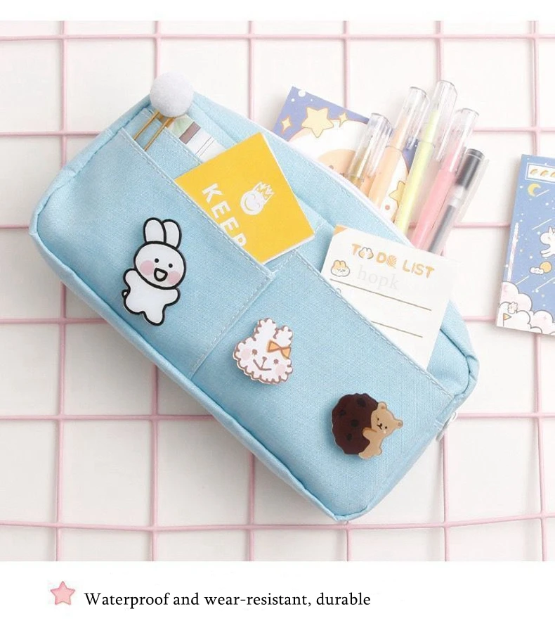 Kawaii Purple Canvas Pencil Case Cute Animal Badge Pink Pencilcases Large School Pencil Bags for Maiden Girl Stationery Supplies