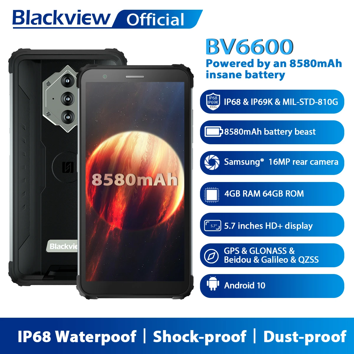 Blackview BV6600 IP68 Водонепроницаемый 8580 мА/ч, прочный смартфон, четыре ядра, 4 Гб + 64 Гб 5,7 "FHD мобильный телефон 16MP Камера NFC Android 10| | | АлиЭкспресс