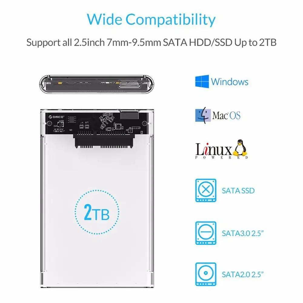 ORICO USB 3,0 внешний корпус жесткого диска SSD чехол для 2,5 дюймов SATA HDD SSD Поддержка UASP SATA 2 ТБ корпус жесткого диска